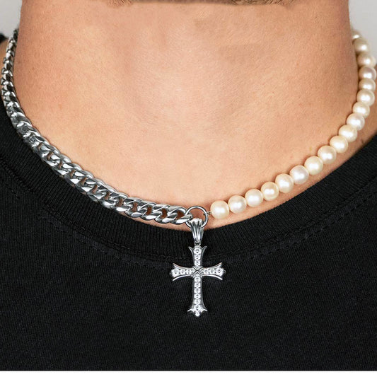 Cuban Link Pear Necklace - Silver 10mm - Diamond Cross Pendant
